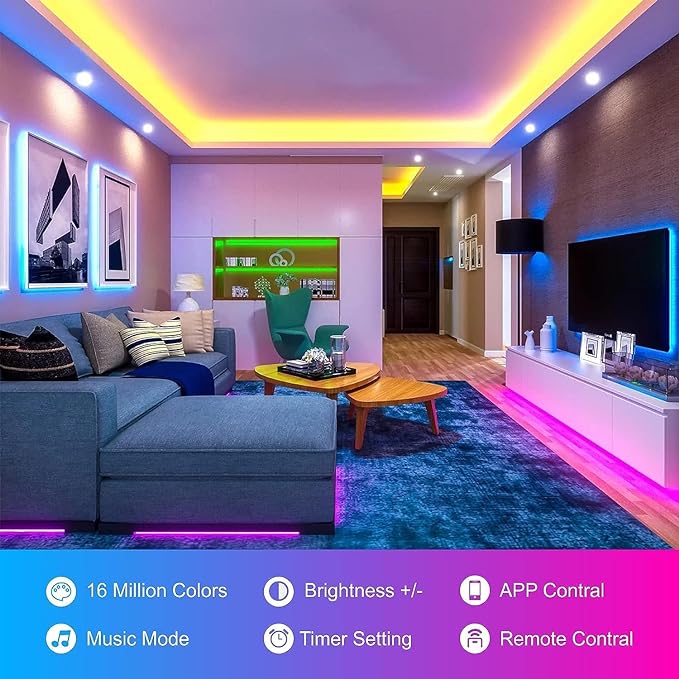 130ft Led Lights For Bedroom (2 Rolls of 65ft), Led Strip Lights Music Sync Color Changing, Led Light Strip With Remote & App Control Rgb Strip, Led Lights For Room Dorm Home Classroom Ceiling Decor