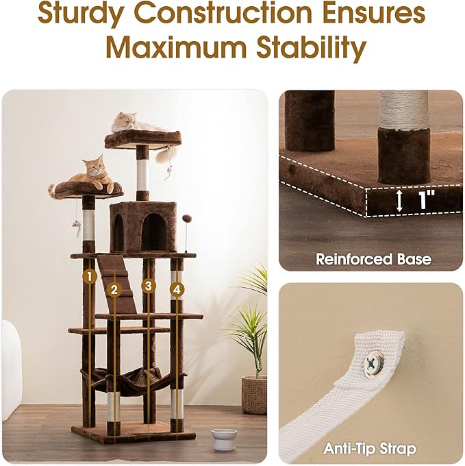 MWPO 70.1-Inch Large Cat Tree, Multi-Level Tall Cat Tower for Indoor Cats, Plush Cat Condo with Big Padded Perches, Sisal-Covered Scratching Posts, Hammock, Toys for Kittens & Cats - Brown-Mewly Pet