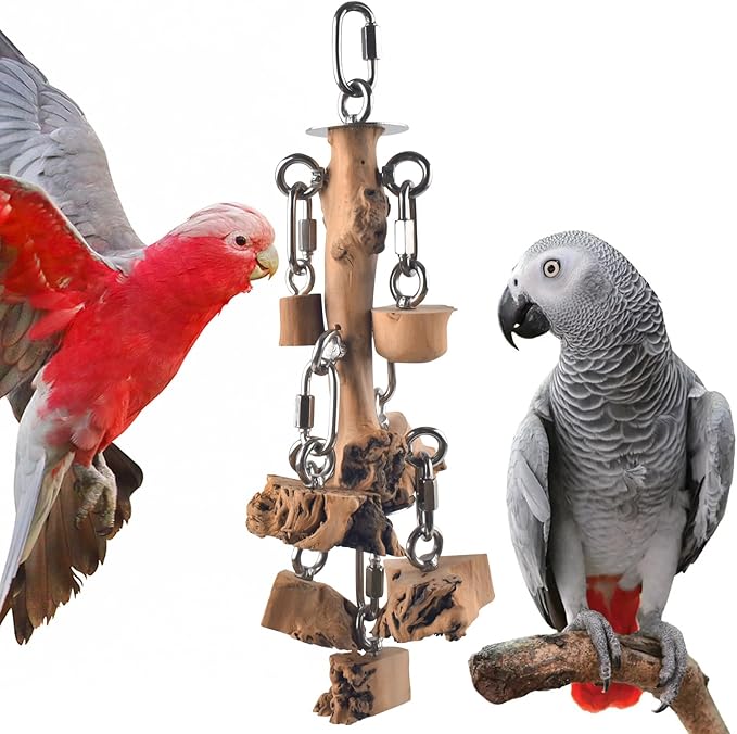 Bird Toys for Parrots, Durable Wooden Large Birds Toy with Stainless Steel, Hanging Natural Chew Hardwood Blocks for Macaws, African Greys, Amazon Parrot, Cockatoos and Small Medium Parakeets-Mewly Pet