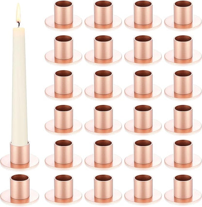 24 Pcs Rose Gold Taper Candle Holders Bulk for Pillar Candles Metal Short Candlestick Holder Rose Gold Centerpieces Decoration for Christmas Thanksgiving Anniversary Dinner Party