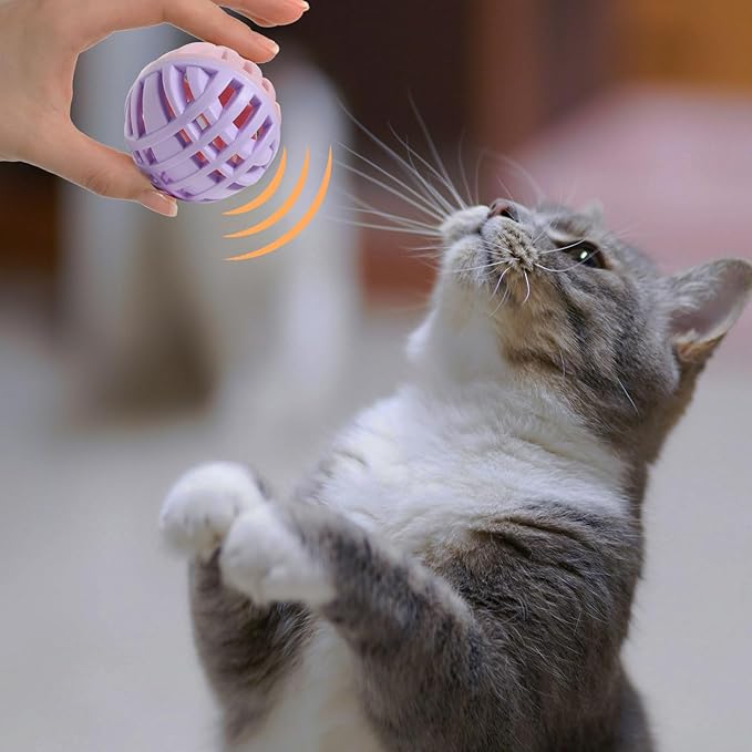 Rubber Cat Toy Balls with Inside Bell, Soft TPR Interactive Cat Ball Toys for Puppy Dogs and Kittens, Colorful Hollow Teeth Grinding Ball Interactive Sound Toy for Indoor Cats, 3 Pcs-Mewly Pet