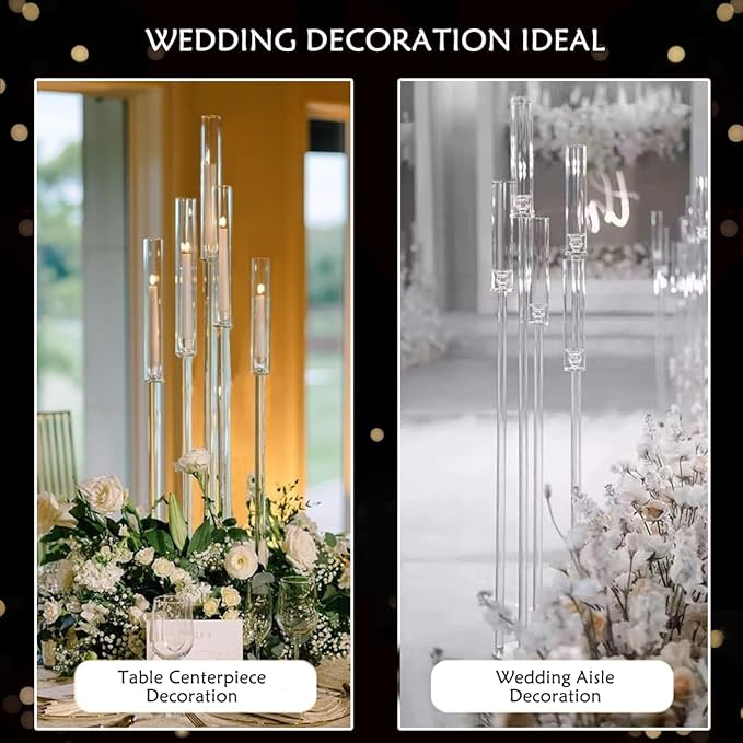 8pcs 5 Arm Floor Candelabra,Acrylic Floor Candle Holder for Wedding Centerpiece Tall Clear Candle Holders for Ceremony Birthday Party Home Decoration Fit 0.8 LED Candles