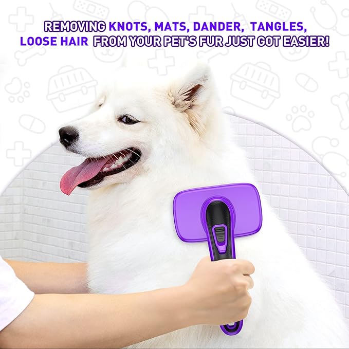 Dogs Cats Self Cleaning Slicker Brush for Shedding & Grooming Any Breed of Pets, Removes Loose, Undercoat, Mats, Tangled Hair for Small Medium Large Animal With Long Short Fur Length, Purple-Mewly Pet