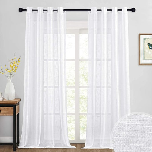 RYB HOME White Curtains Sheer - Linen Textured Privacy Curtains for Bedroom Privacy Windows Decor, Natural Light Flirt Panels for Patio Sliding Door Living Room, W 52 x L 95, 1 Pair