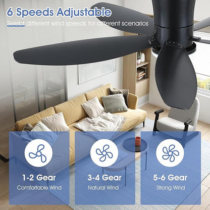 Flush Mount RGB Ceiling Fans with Lights-48 Low Profile Ceiling Fan with Light and Remote/APP Control,DC Reversible,LED Dimmable Blakc Ceiling Fans for Bedroom,Indoor/Outdoor Patio Use
