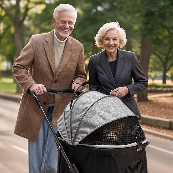 4 Wheels Pet Stroller 4 in 1 Pet Stroller with Detachable Carrier for Small & Medium Dogs Cats up to 55 lbs Easy-Folding Travel Dog Wagon with Car Seat Breathable Mesh,Gray-Mewly Pet