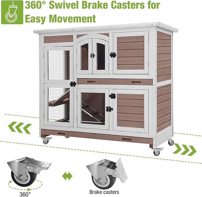 GUTINNEEN Large Rabbit Hutch Wooden Bunny Cage Indoor with Chew-Proof Ramp, 2-Story Guinea Pig Cages with Casters, Pull-Out Trays for Rabbits, Guinea Pigs, 47.2" L x 19.7" W x 42.1" H-Mewly Pet