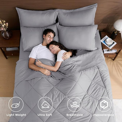 HEVUMYI Light Grey Queen Comforter Set - 7-Piece All Season Bed in a Bag Queen, Ultra Soft Bedding Set with Comforter, Flat Sheet, Fitted Sheet, Pillowcases, Pillow Shams, Light Gray