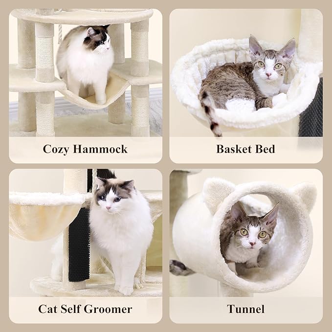 Globlazer Artistic Curved Cat Tower for Small Cats (Under 12 lbs), 81-inch Slim Design Cat Tree with Space-Saving Design, Indoor Cat Condo with Hammock & Tunnel, C81, Beige, Non-Large Cats-Mewly Pet