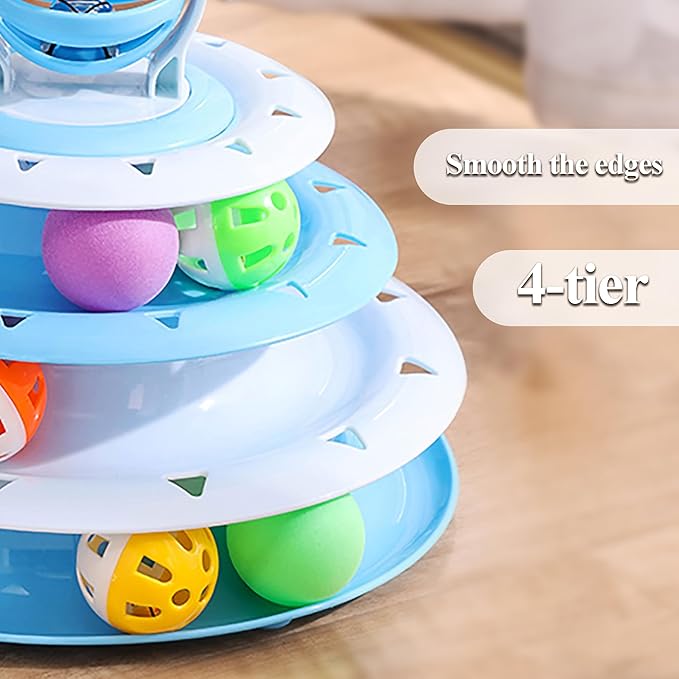 Vealind Cat Toy Roller 4-Level Turntable Cat Toys Balls with Colorful Pom Pom Balls Interactive Fun Mental Physical Exercise Puzzle Kitten Toys (Blue)-Mewly Pet