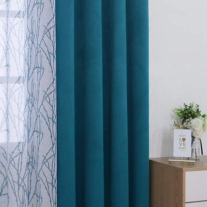 BONZER Mix and Match Curtains - 2 Pieces Branch Print Sheer Curtains and 2 Pieces Blackout Curtains for Bedroom Living Room Grommet Window Drapes, 37x95 Inch/Panel, Teal, Set of 4 Panels