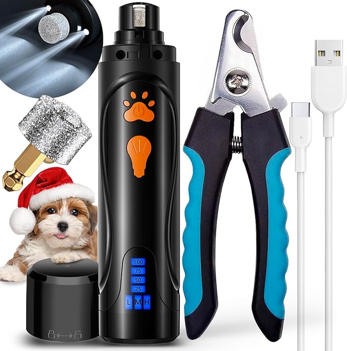 YABIFE Dog Nail Trimmers and Dog Nail Clippers Kit, Whisper Quiet Electric Grinder with Light, for Small, Medium, Large Dogs, Cats Toenail Grooming, 3 Speeds-Mewly Pet