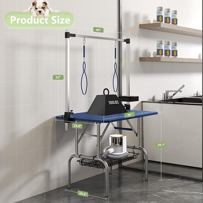 VFK 36''/47''Large Dog Grooming Table, Foldable Pet Station at Home, Dog Grooming Table,Adjustable Cat Drying Desktop with Arms, Nooses, Mesh Tray (Stainless Steel pet Table, 36" Blue)-Mewly Pet