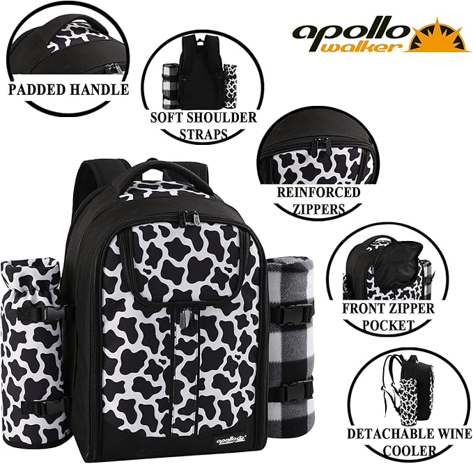 apollo walker Picnic Backpack Bag for 2 Person with Cooler Compartment, Detachable Bottle/Wine Holder, Fleece Blanket, Plates and Cutlery Set (2 Person, Black)-Mewly Pet