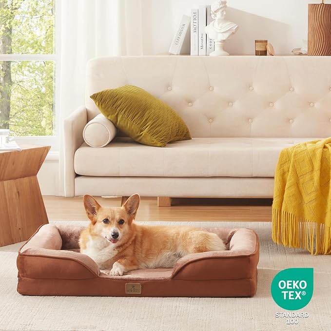 Bedfolks Orthopedic Dog Bed, Waterproof Dog Sofa Bed for Large Dogs, Egg Foam Pet Couch Bed with Removable Washable Cover and Nonslip Bottom, Brown-Mewly Pet