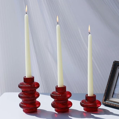 VOHO Vintage Red Candlestick Holders for Christmas Decorations, 6pcs Stackable Candle Stick Candle Holder for Valentines Day Decoration, Ribbed Taper Candle Holders for Candlesticks & Tea Lights