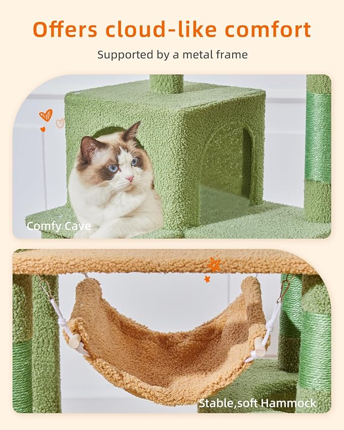 Taoqimiao Cat Tree, 71-Inch Cat Tree Cat Tower for Indoor Cats, Plush Multi-Level Cat Condo with 10 Scratching Posts, 2 Perches,Basket, 2 Caves,Hammock, 2 Pompoms,MS020T Cactus-Mewly Pet