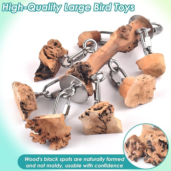 Bird Toys for Parrots, Durable Wooden Large Birds Toy with Stainless Steel, Hanging Natural Chew Hardwood Blocks for Macaws, African Greys, Amazon Parrot, Cockatoos and Small Medium Parakeets-Mewly Pet