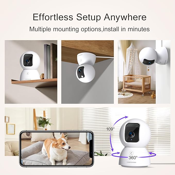 3K Pet/Dog/Cat Camera with Phone App, No-Subscription Local Person/Pet/Face Detection, 5G Security Camera Indoor, PTZ WiFi Cameras for Home Security, 0-Glow Night Vision, Full Duplex Audio-Mewly Pet