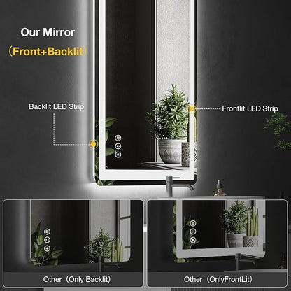 24x36 LED Bathroom Mirror with Lights, Rounded Rectangle Mirror with Double Lights, Backlit + Front Lit, Anti-Fog LED Mirror for Bathroom, Dimmable Lighted Bathroom Mirror(Horizontal/Vertical)