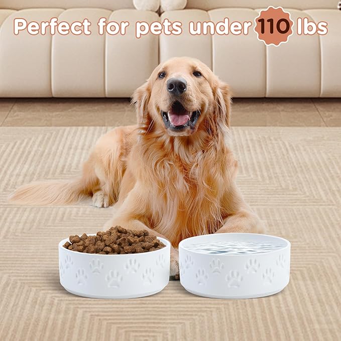 SPUNKYJUNKY Ceramic Dog Bowls 2 Pack, 8.3'' Dog Food Water Double Feeding Bowls Non-Slip for Medium to Large Sized Breed Microwave Dishwasher Safe - 60 OZ, 2pcs, Paw White-Mewly Pet