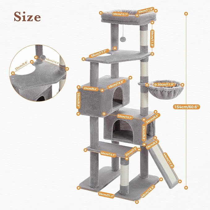 PAWZ Road Cat Tree, 60 Inches Cat Tower with Dual Condos, Spacious Perch, Cozy Basket and Sisal-Covered Scratching Posts for Indoor Cats- Gray-Mewly Pet