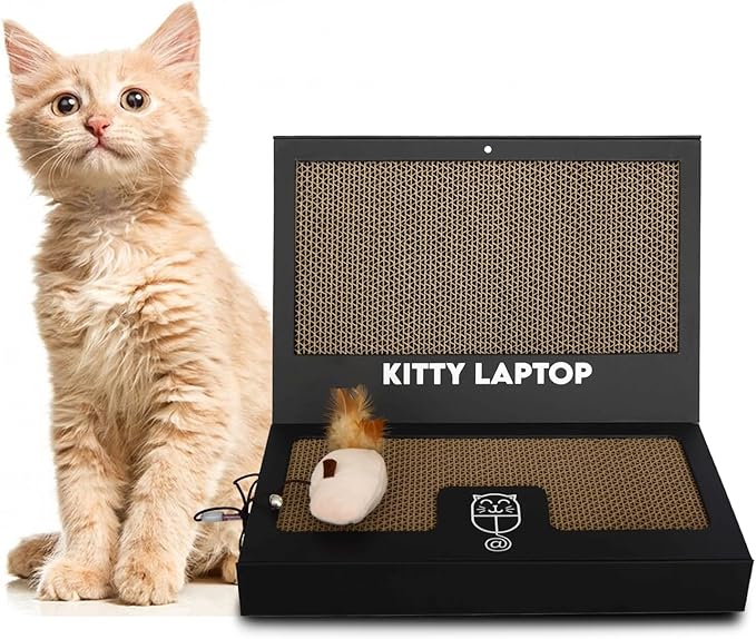 Toy Cat Laptop with 2 Scratchboards + Catnip Mouse Toy for Cats + 50pack Cat Sticker - Interactive Eco-Friendly Cat Computer with Scratch Pad Laptop for Cats - Mini Cat Laptop-Mewly Pet