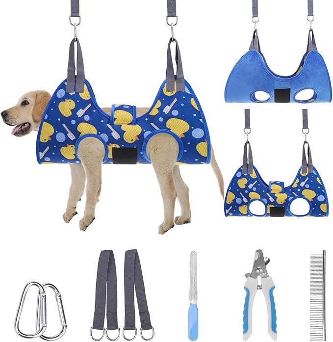 PAWCHIE Dog Grooming Hammock Harness for Dogs & Cats with Pet Nail Clipper Trimmer - Cat Hanger Sling for Trimming Clipping Nails- Dog Hammock Restraint Bag for Small Medium Large Dog, Navy Blue M-Mewly Pet