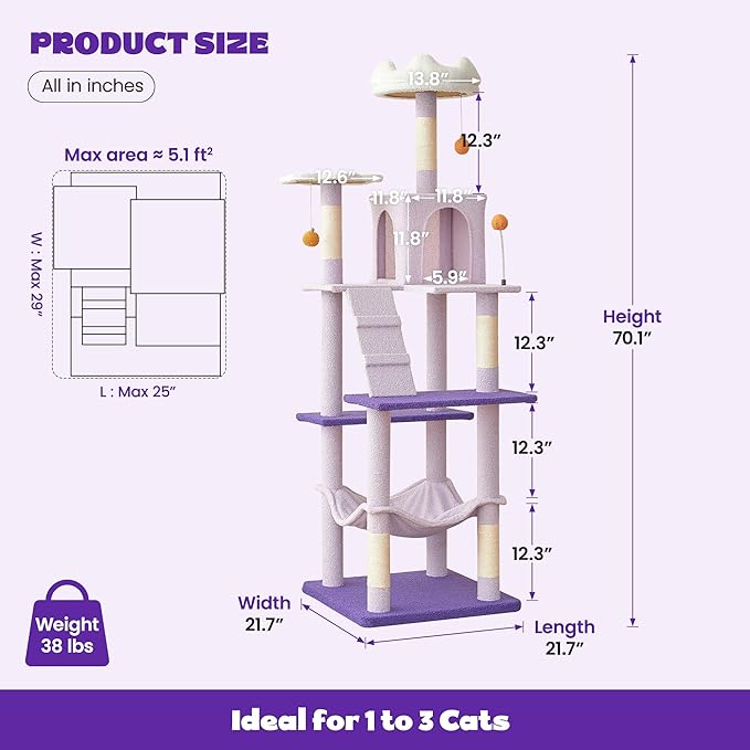 MWPO Flower Large Cat Tree, 70.1-Inch Multi-Level Tall Cat Tower for Indoor Cats, Plush Cat Condo with Big Padded Perches, Sisal-Covered Scratching Posts, Hammock, Toys for Kittens & Cats-Mewly Pet