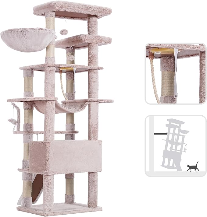 Heybly Tall Cat Tree, 78-inch Multi-Level Cat Tower for Indoor Cats, 2 Widened Plush Perches Cat Condo with Scratching Board and Big Caves, Muchroom HCT033MU-Mewly Pet