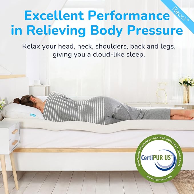 RECCI Memory Foam Mattress Topper, Pressure-Relieving Mattress Topper for Back Pain, Non-Slip Design with Removable & Washable Cover, CertiPUR-US Certified, 3 Inch King