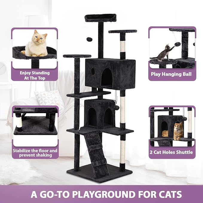70 inches Cat Tower for Indoor Cats Multi-Level Cat Condos for XL Cat Tree Cat Climbing Tower with Scratching Posts, Hanging Toys,Dark Gray-Mewly Pet