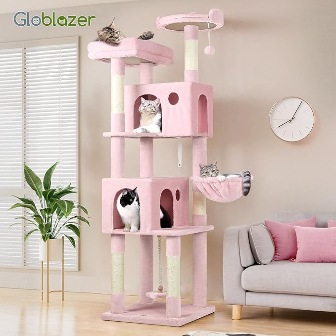 Globlazer Pink Cat Tree, 70 inch Tall Scratching Tower Multi-Level Cat Condo for Indoor Multiple Cats with 2 Large Cat Caves, Top Perch, Large Platform, Bottom Swing, F70B, Pink-Mewly Pet