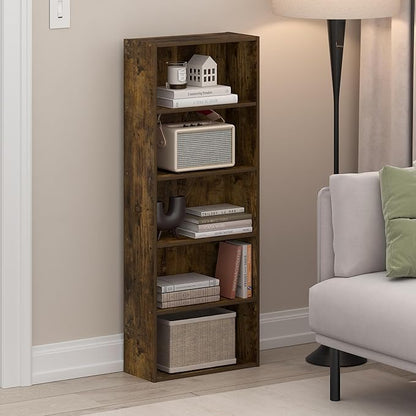 Furinno Basic Book Shelf, 5-Tier Bookshelf, Cube Storage Organizer Bookcase with Open Shelf, 7 x 17 x 44, for Living Room, Bedroom, Home Office, Amber Pine