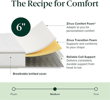 ZINUS 6 Inch Foam and Spring Hybrid Mattress [New Version], Twin XL, Fiberglass Free, Medium Firmness, Durable Support, Certified Safe Foams & Fabric, Mattress in A Box
