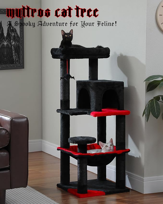 Gothic Cat Tree with Super Large Hammock, 45.7" Black Cat Tower with Coffin Bed, Cat Condo, Sisal Scratching Posts & Top Perch, Multi-Level Goth Cat Tree, Halloween, Black-Mewly Pet