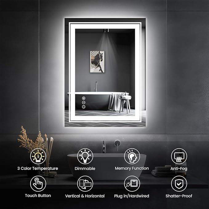 LED Bathroom Mirror, 20"x28" Mirror with Front and Backlit, Anti-Fog, Bathroom Vanity Mirror for Wall, Memory, Stepless Dimmable, Tempered Glass (Horizontal/Vertical)