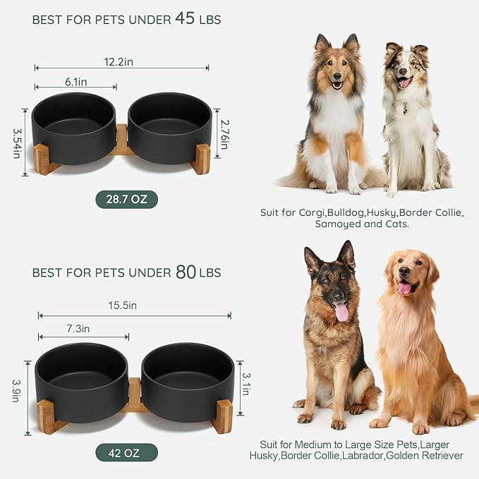 SPUNKYJUNKY Ceramic Dog and Cat Bowl Set with Wooden Stand, Modern Cute Weighted Food Water Bowl Set for Medium to Large Size Dogs (42 OZ, 2 × Black)-Mewly Pet