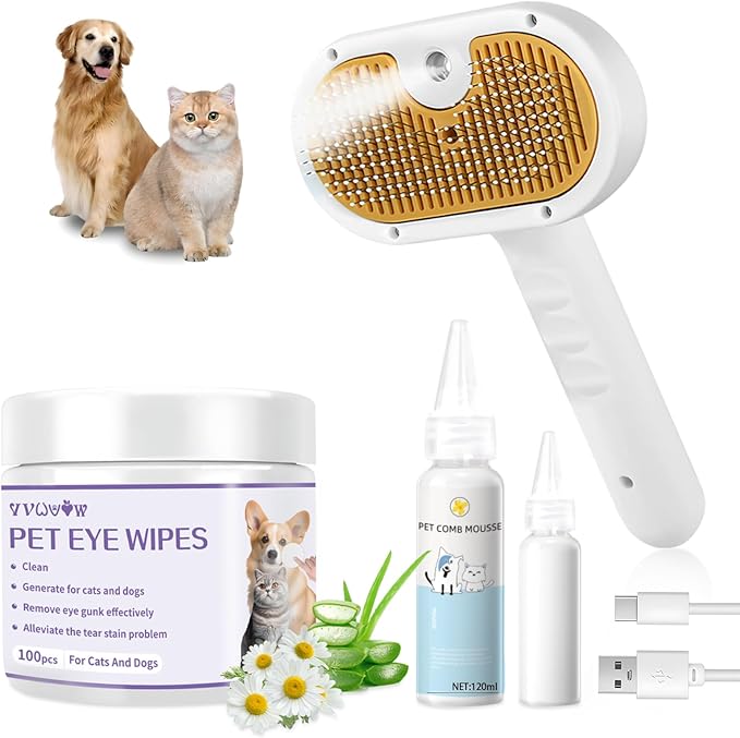 Pet Steam Brush for Dog & Cat – 3-in-1 Spray Hair Removal Comb – Steam Brush for Shedding & Grooming –Spritz Defur Comb–Includes Waterless Shampoo & Eye Wipes-Mewly Pet