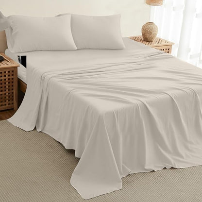 DREAMCARE King Size Sheets Set - Cooling Bed Sheets - 4pcs Set - up to 15" Deep Pocket King Sheet Set – Soft & Long Lasting Cooling - 100% Fine Brushed Polyester with Side Pocket - Ivory