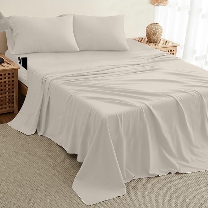 DREAMCARE Queen Size Sheets - Cooling Bed Sheets - 4pcs Set - up to 15" Deep Pocket Queen Sheet Set - Sheets Queen Size Bed - Soft & Long Lasting 100% Fine Brushed Polyester with Side Pocket - Ivory