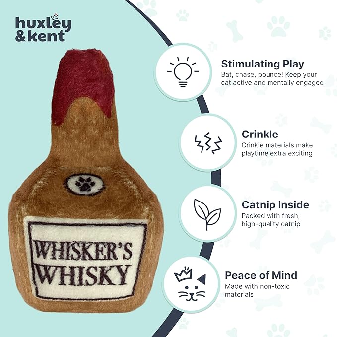 Huxley & Kent Plush Cat Toy - Interactive Catnip Toy for Cats & Kittens - Soft Kitty Toy with Crinkle & Catnip - Fun Indoor Play Toy - Whisker's Whiskey-Mewly Pet