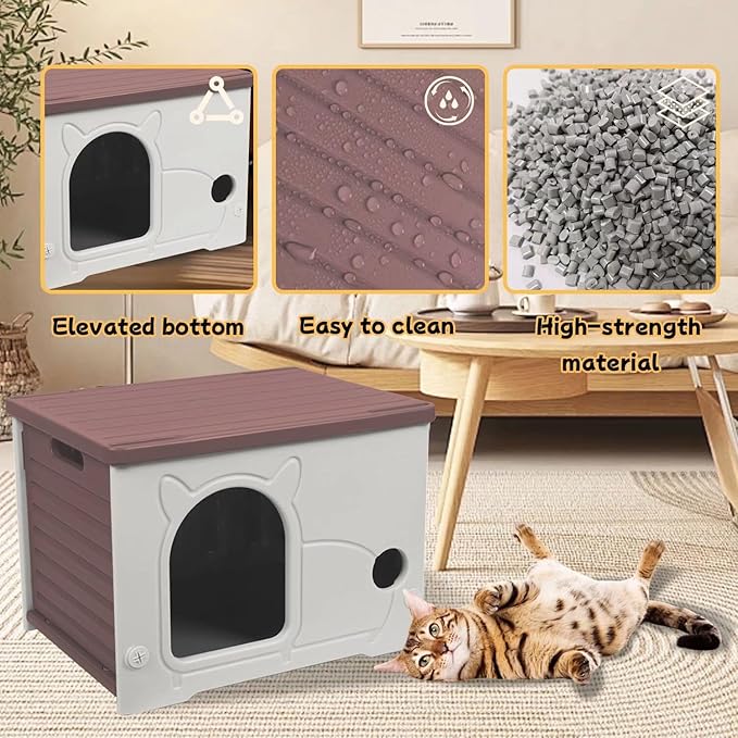Plastic Outdoor Cat House Waterproof Feral Cat Shelter(Coffee)-Mewly Pet