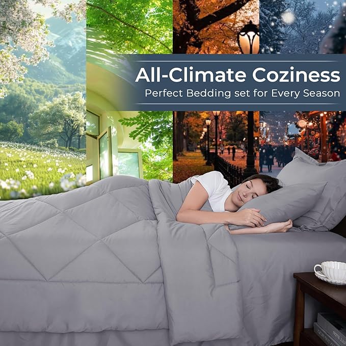 HEVUMYI Light Grey California King Comforter Set - 7-Piece All Season Bed in a Bag Cal King, Ultra Soft Bedding Set with Comforter, Flat Sheet, Fitted Sheet, Pillowcases, Pillow Shams