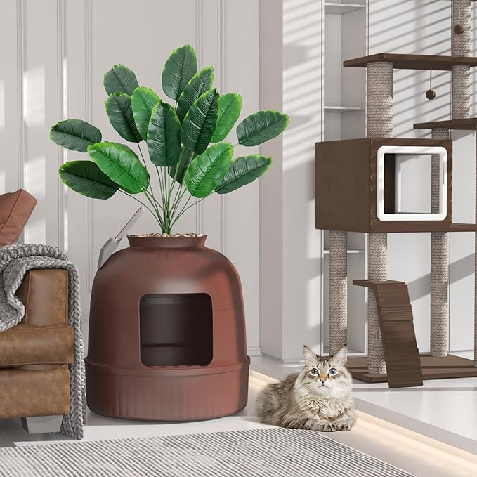 Lifewit Litter Box with Faux Plant & Scoop for Large Cat, Hidden Corner Enclosure Litter Tray with Odor Control & Carbon Filter in Living Room/Bedroom/Bathroom, Brown-Mewly Pet