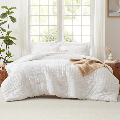 CozyLux Full Size Comforter Sets with Sheets 7 Pieces, White Seersucker Bed in a Bag Textured Luxury Soft Bedding Set with Down Alternative Comforter, Sheets, Pillowcases & Shams for All Seasons