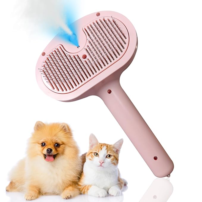 Cat Dog Grooming Brush 5-in-1 Pet Grooming Spray Brush Comb for Massaging and Cleaning Shedding Pet Hair, 1-Touch Release Button for Long/Short Hair Pets (Pink)-Mewly Pet