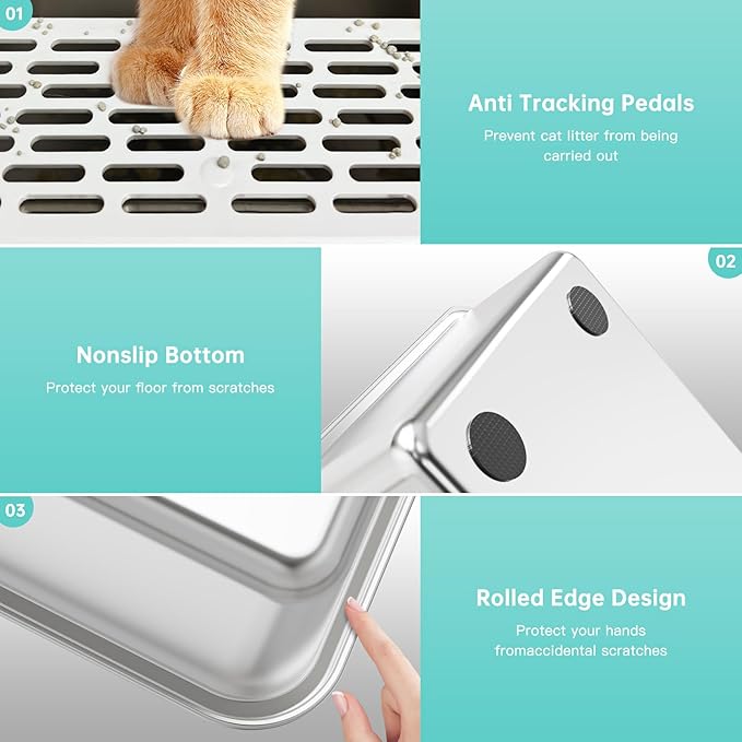 Stainless Steel Cat Litter Box with Lid, XL Metal Litter Box for Big Cats, Extra Large Litter Box with High Sides, Never Absorbs Odors, Non-Sticky, Easy Clean, Anti-Urine Leakage, with Scoop-Mewly Pet