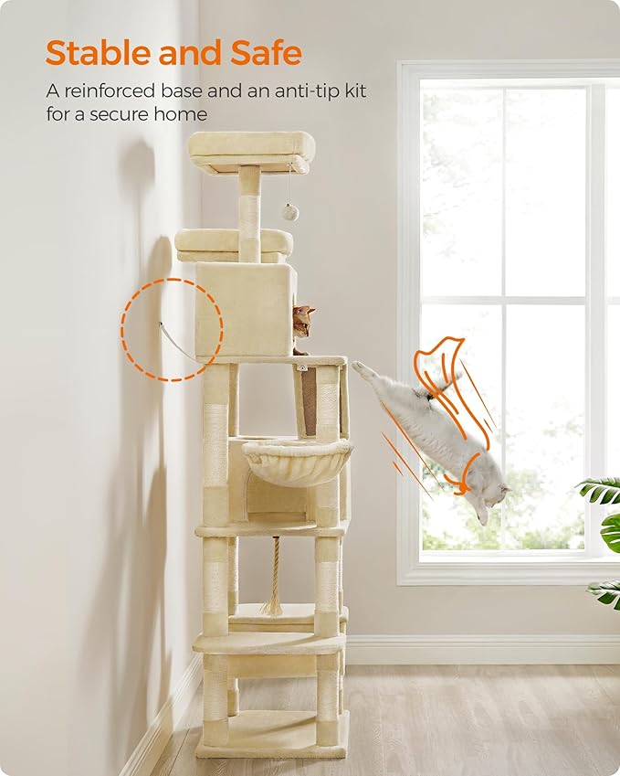 Feandrea Cat Tree, 81.1-Inch Large Cat Tower with 13 Scratching Posts, 2 Perches, 2 Caves, Basket, Hammock, Pompoms, Multi-Level Plush Cat Condo for Indoor Cats, Beige UPCT190M01-Mewly Pet