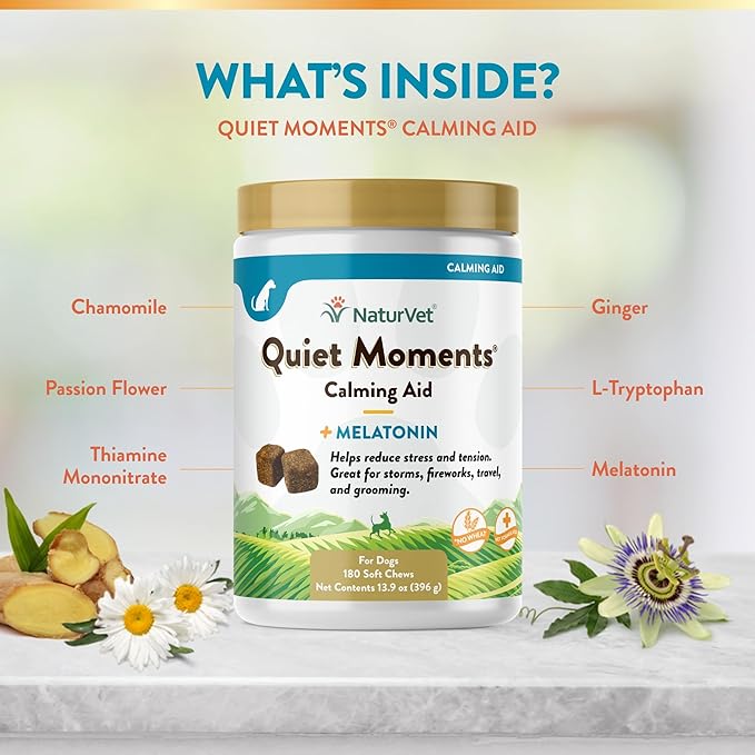 NaturVet Quiet Moments Calming Dog Supplement, Dog Soft Chews with Melatonin to Help Reduce Stress from Storms, the Vet, Fireworks, and Travel, Bacon and Chicken Flavored Pet Supplement, 180 Count Jar-Mewly Pet